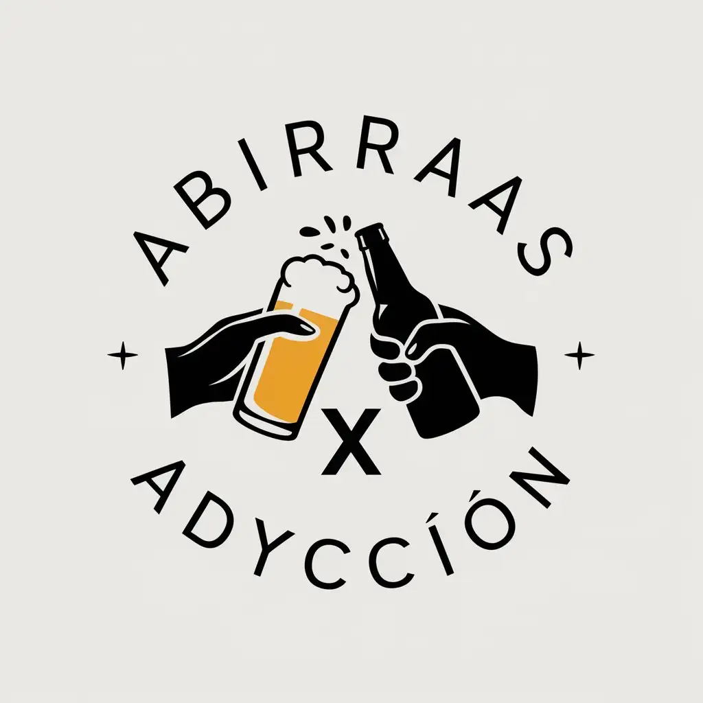 a vector logo design,with the text "Abirras x adyccion", main symbol:The hands of the creation of Adam clinking a beer and a bottle,Moderate,be used in Restaurant industry,clear background