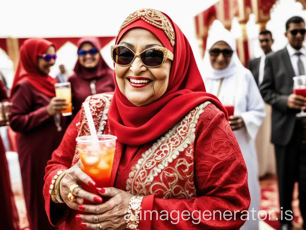 a Muslim woman fat curvy mature having age 89 years old with makeup wearing a costly sunglasses, standing in a Muslim wedding ceremony holding a cold drink glass, she is wearing a red hijab and she is smiling and happy wearing a lot of gold ornaments and high heels on feet, in background some people