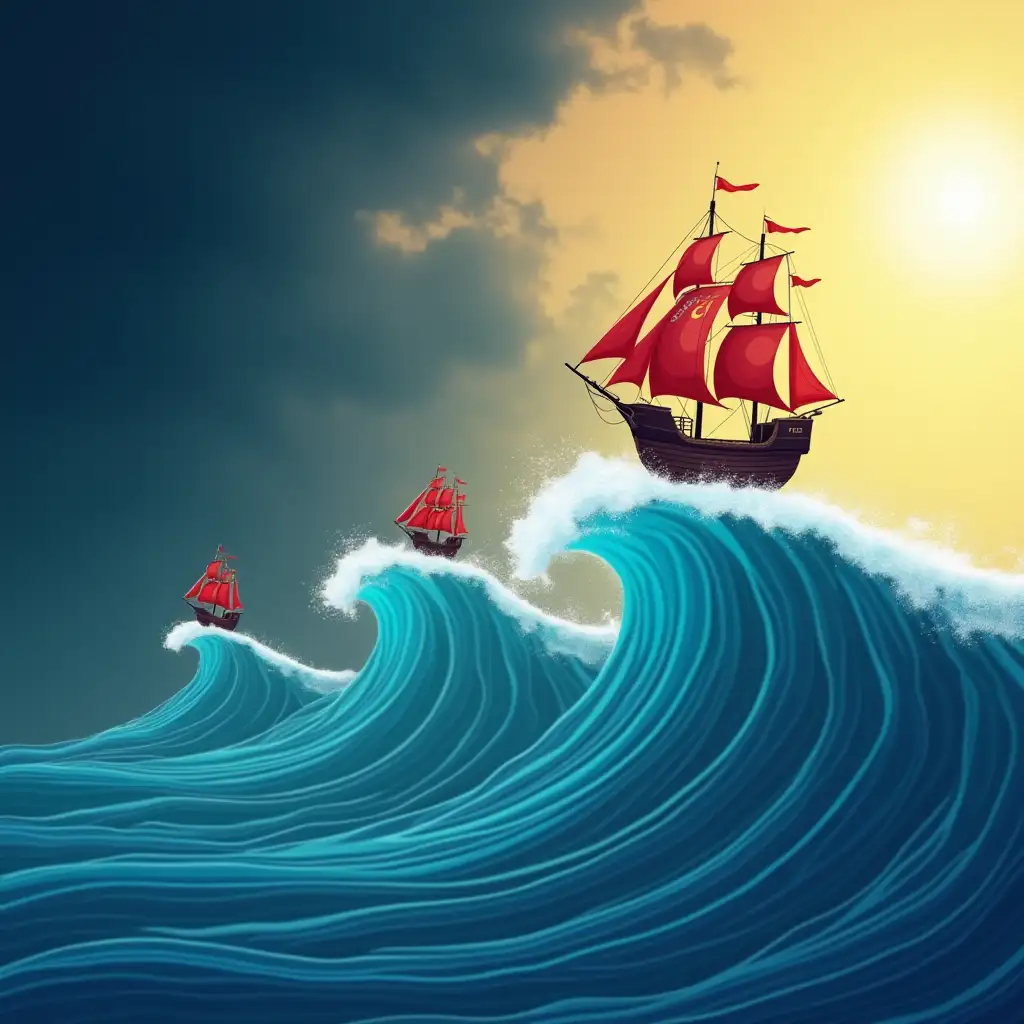 Vector graphics : ocean three wave stages, on the first small ship, on the second stage a medium ship, on top of the last third large wave a large ship with red sails. Dark stormy sky on the left. On the right is a bright sunny bright sky.