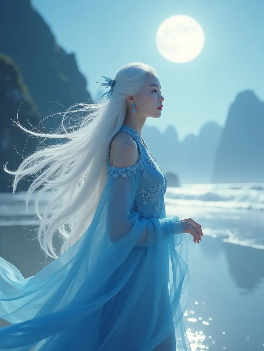 a beautiful lady with long, pure white hair that flows like a cloud, radiating purity. Her unique eyes give off a mysterious and profound aura, as if they can see through all things in the world. She wears a flowing blue Chinese dress, with delicate sleeves fluttering gently in the breeze. Standing quietly under silver moonlight, she looks like a fairy stepping out of a dream. The scene is filled with surreal fantasy art aesthetics, movie-level lighting highlighting her refined silhouette, and a mythical background of mountains and seas. The image is rendered by a game engine, showing an 8K movie-like effect, with captivating light and shadow play.