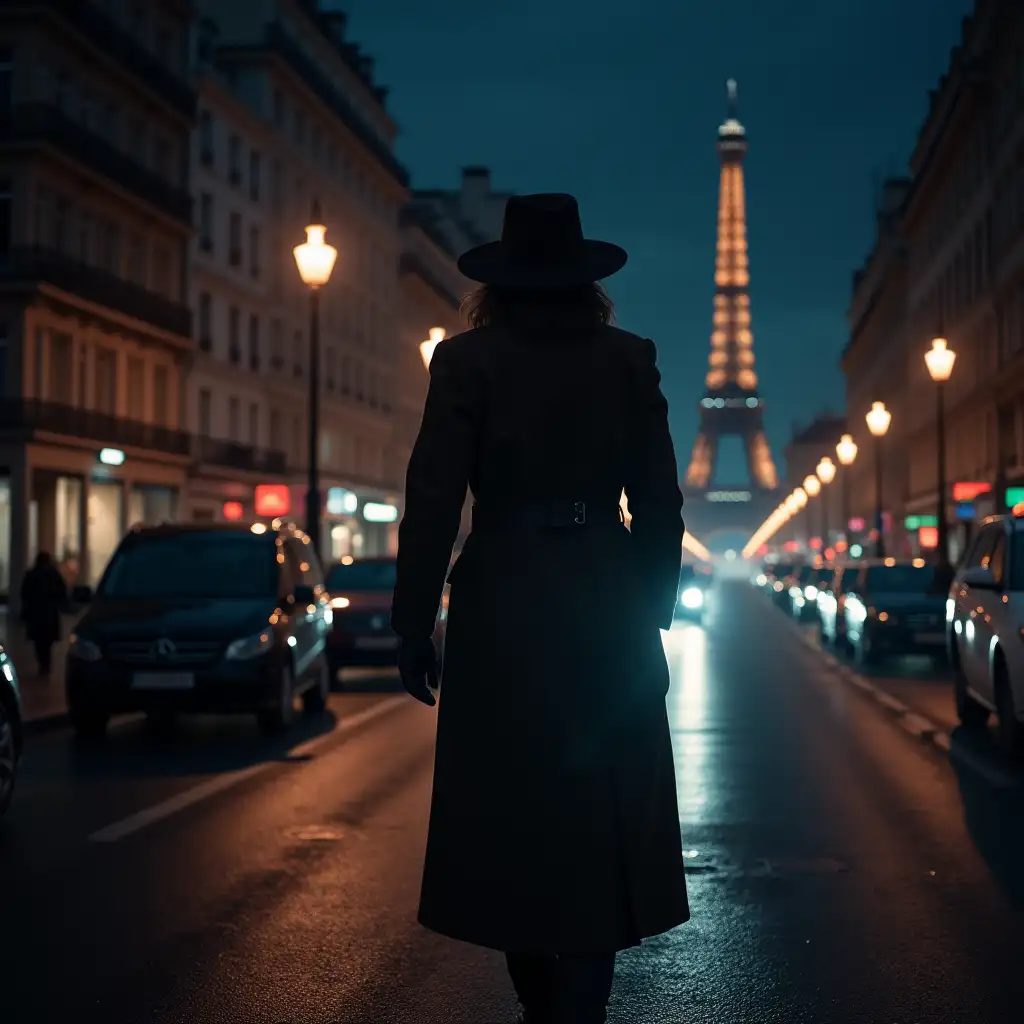 A dreamy and mysterious man wandering the night in Paris