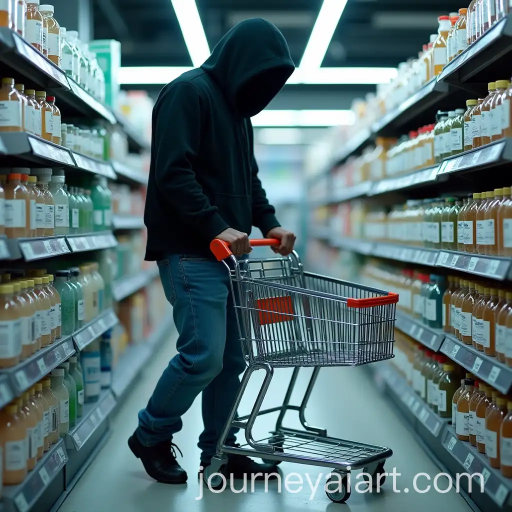 Mysterious-Figure-in-Supermarket-Aisle-Holding-Metal-Cart-with-Enumber-Lab-Bottles