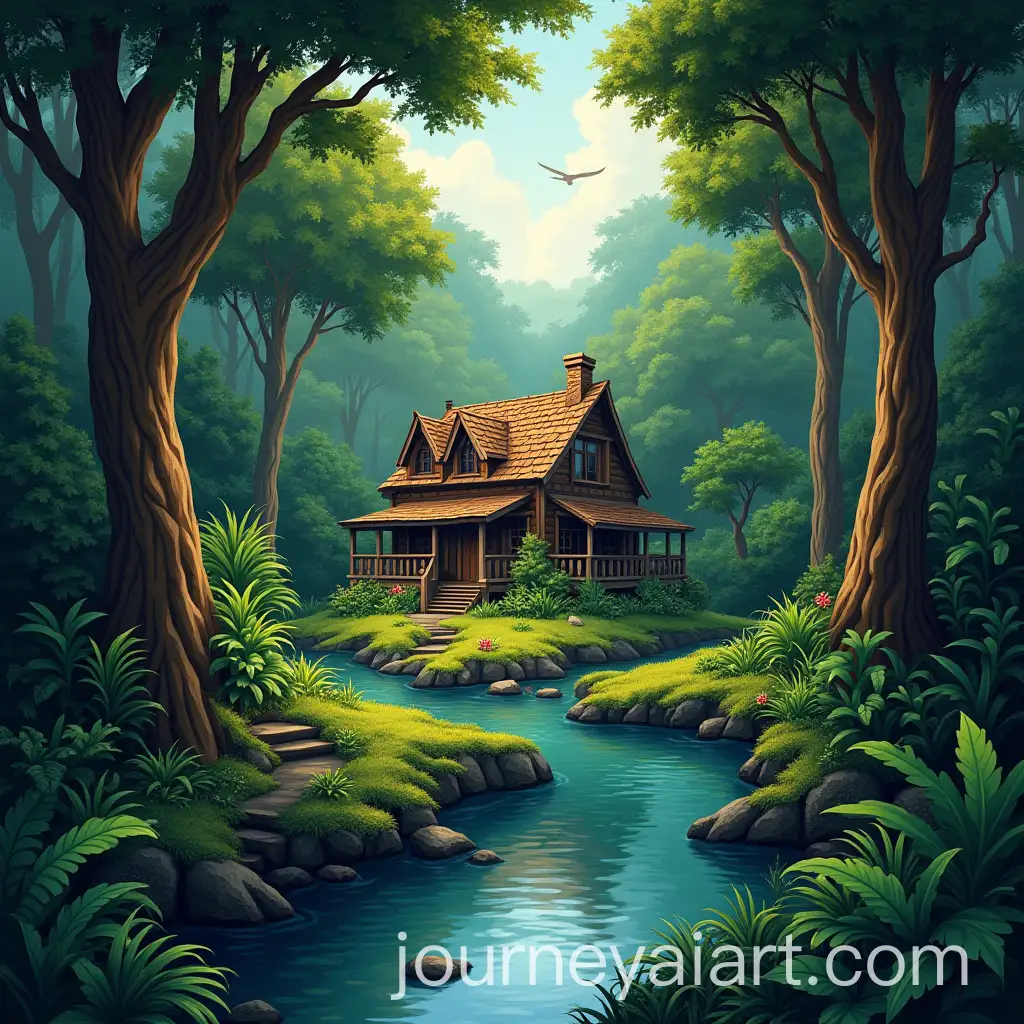 Jungle-River-with-Woody-House-Surrounded-by-Lush-Trees