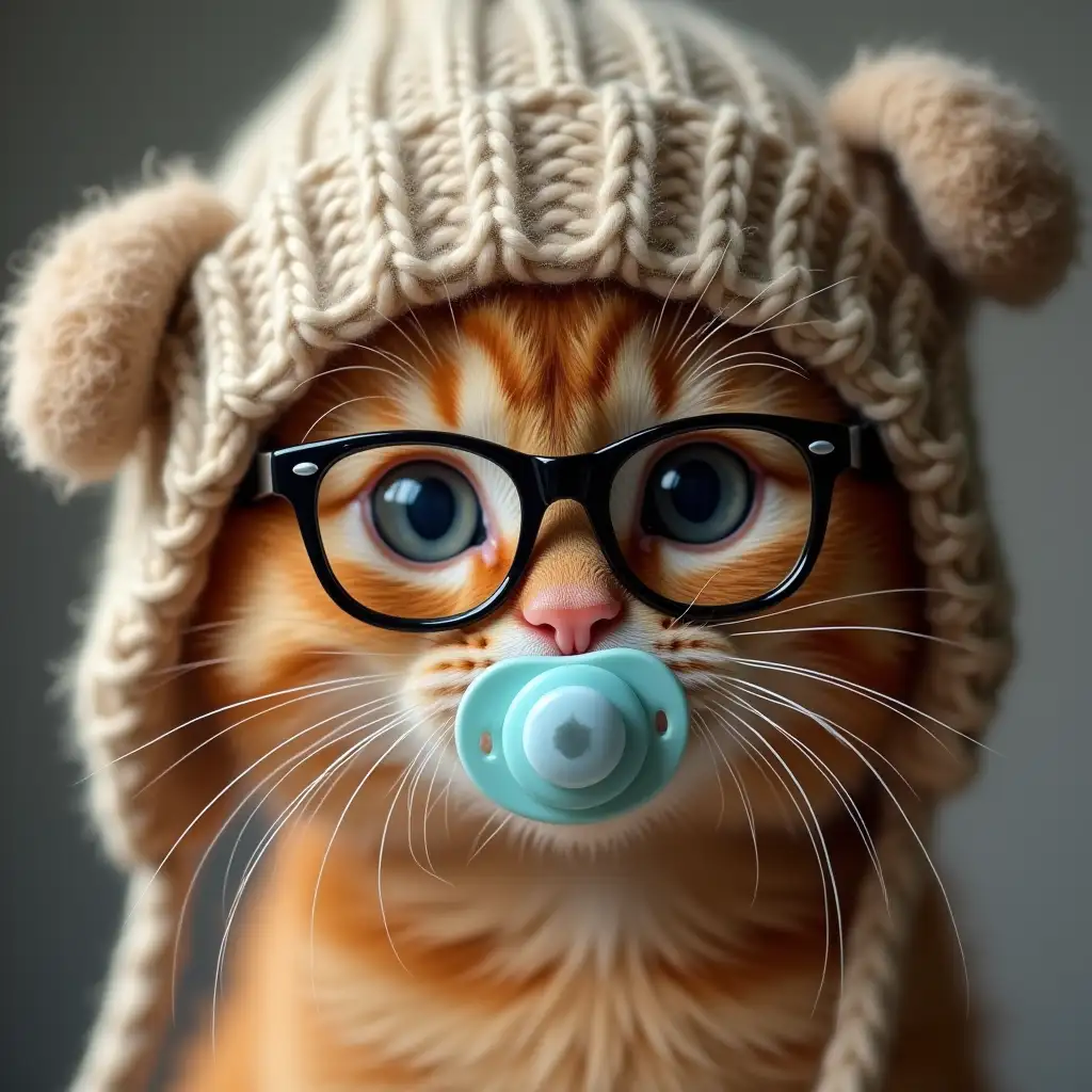 ginger nice real kitten in a knitted hat with earflaps, with black glasses on eyes, pacifier in mouth