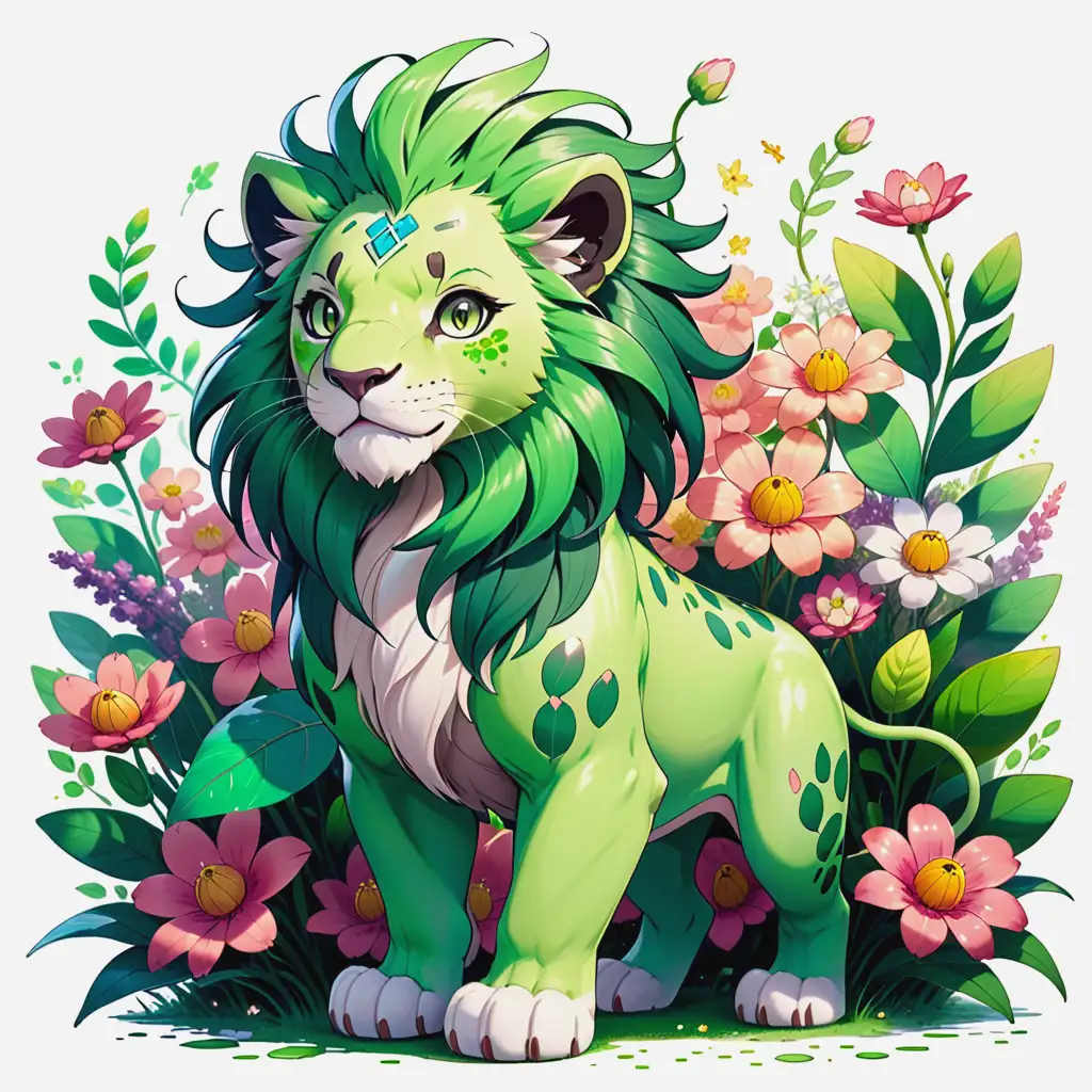 2d-anime-cartoon draw green-lion-coverd-with-many-flowers-on-body in pokemon-style full lenght