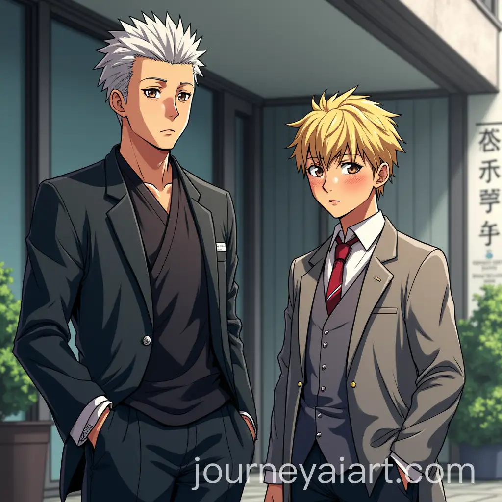 Jujutsu-Kaisen-Character-Gojo-Satoru-with-Student-Nobara-Yuji-Fushiguru-Standing-Outside-FiveStar-Hotel