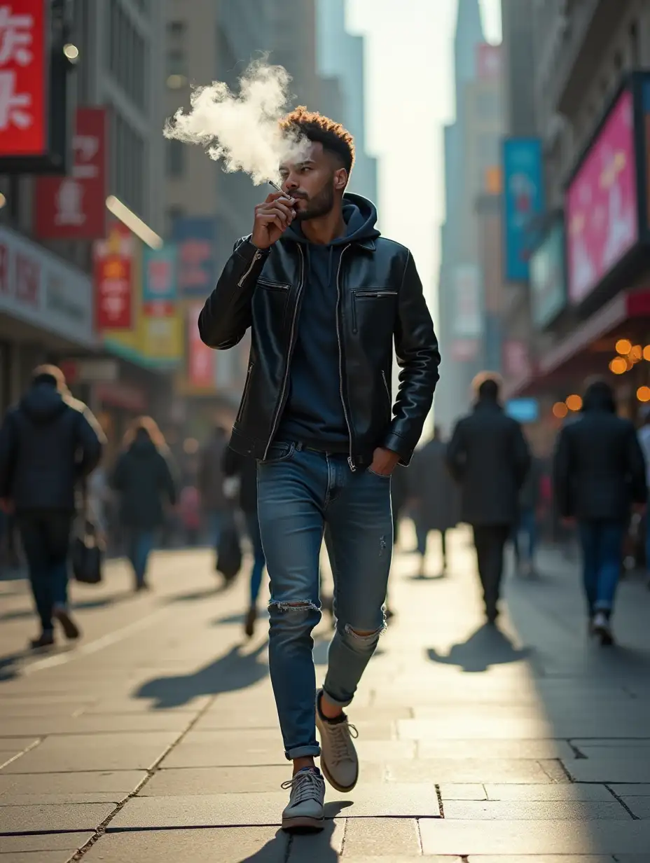 user_prompt: Realistic image of a person, walking along a lively urban street and smoking a cigarette. The person is wearing modern urban clothing: a leather jacket, jeans and sneakers. In the background there are elements of urban scenery: high buildings, neon signs and passers-by. Lighting combines daylight and city reflections, adding depth and vitality to the scene. Focus on the casual, relaxed pose of the person, with puffs of smoke rising in the cool air.