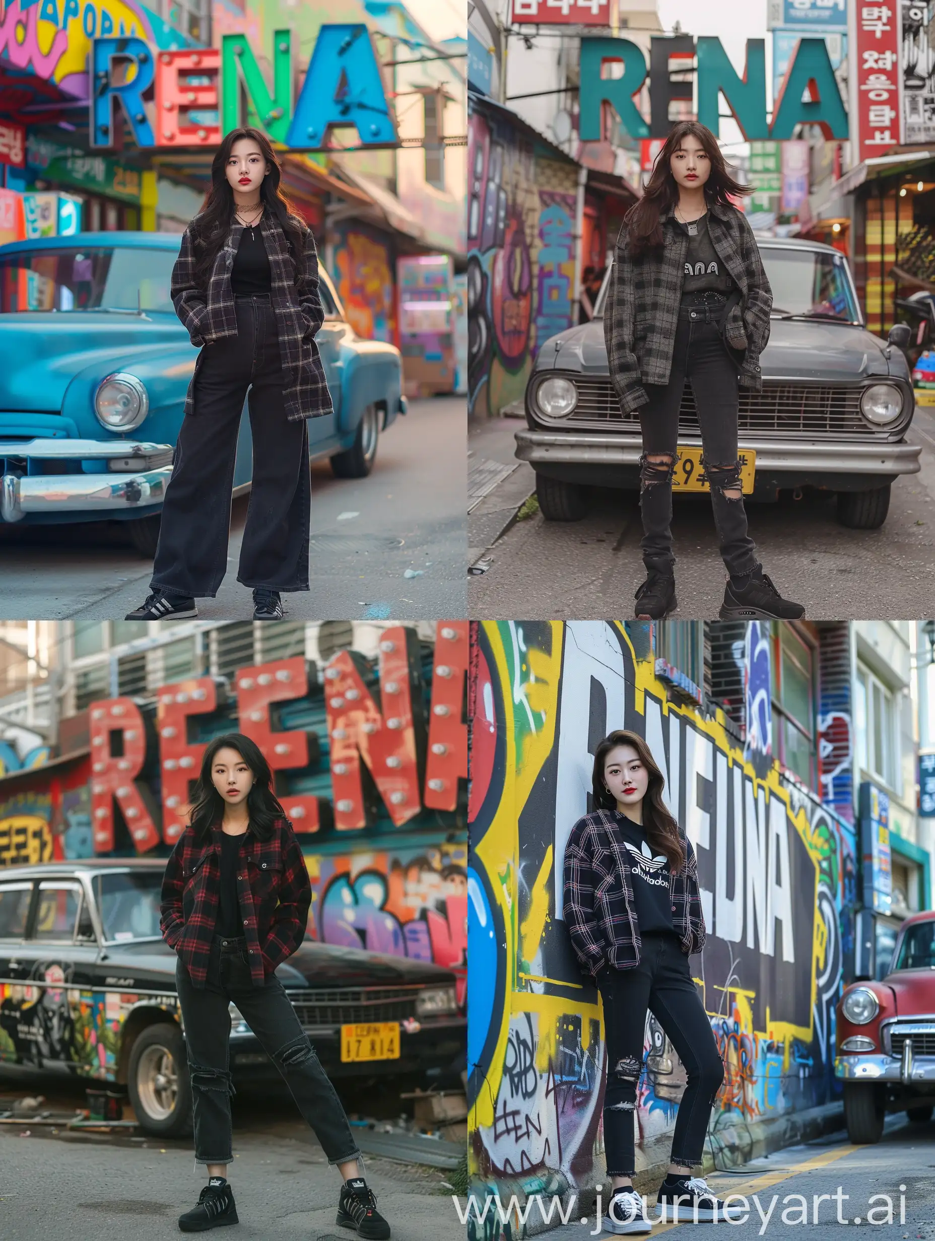 Confident-Korean-Woman-with-RENA-3D-Typography-in-Urban-Graffiti-Setting