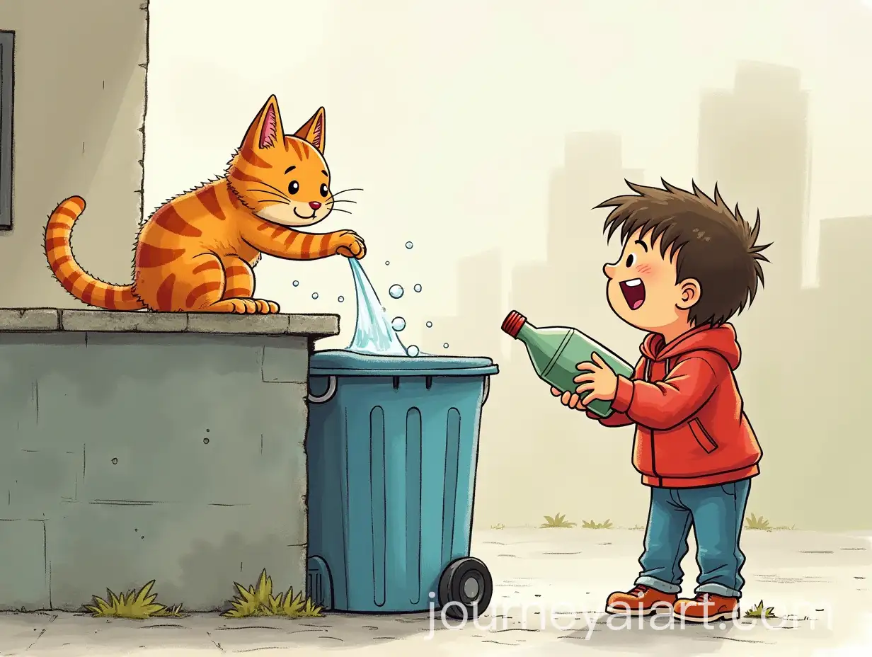 Child-Sneaks-Up-on-Cat-and-Pours-Water-from-Bottle