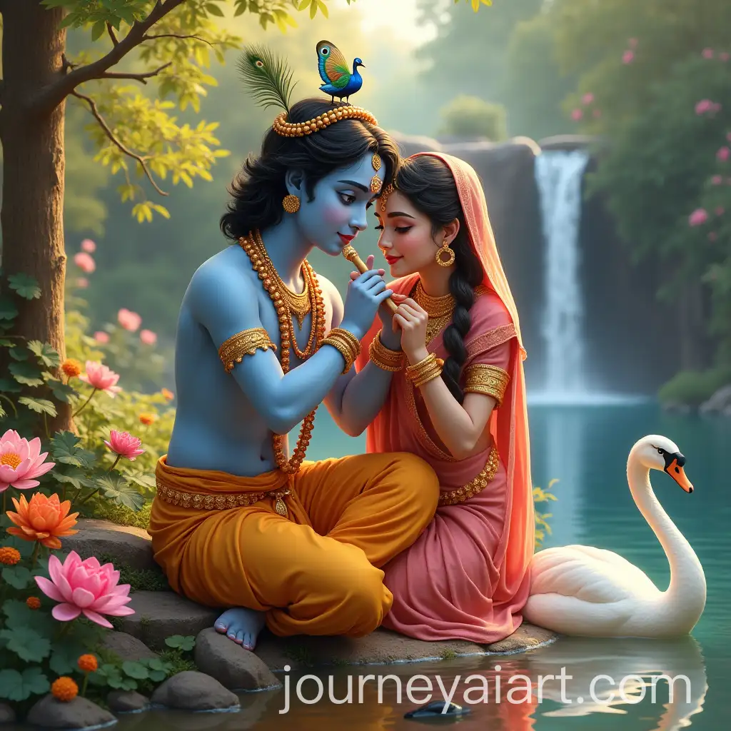 Krishna-and-Radha-in-Serene-Garden-with-Flute-Swan-and-Peacock