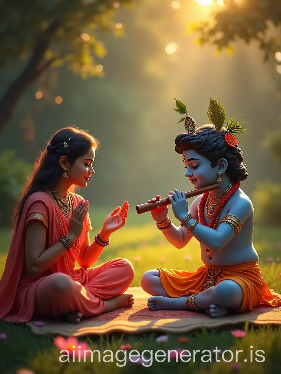 Female-Devotee-Meditating-with-Lord-Krishna-in-a-Garden-at-Dawn