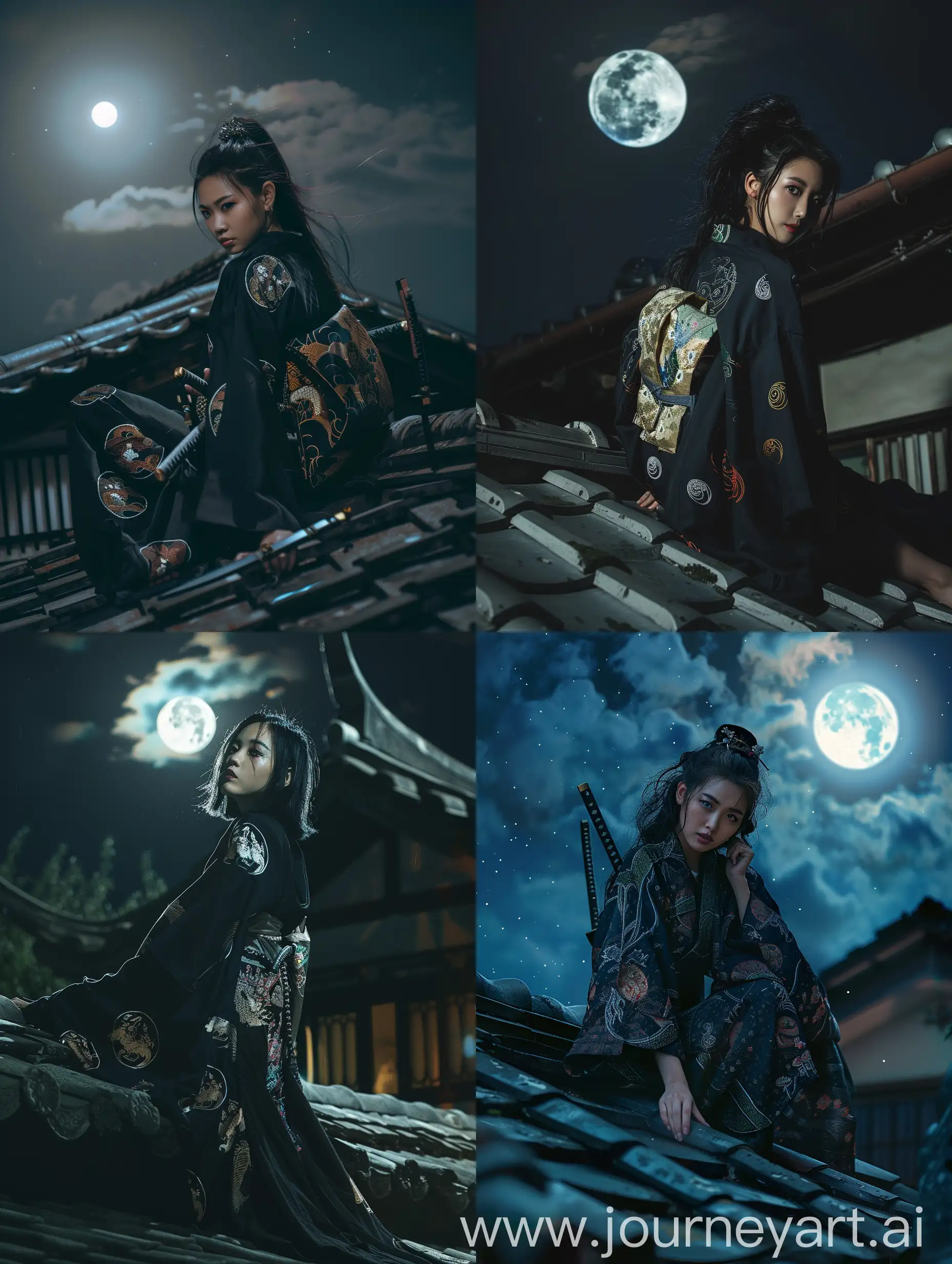 Elegant-Malaysian-Woman-in-Black-Japanese-Kimono-with-Samurais-on-Traditional-Rooftop