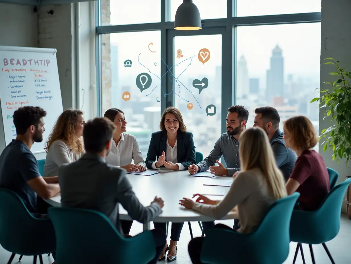 A modern office setting featuring a diverse group of professionals, both men and women, sitting in a circle having a focused and supportive team meeting. The atmosphere is collaborative and positive, with team members sharing ideas and listening to each other. Around them are symbols of open communication like speech bubbles, flexibility represented by flowing lines or arrows, well-being shown by a heart or wellness icons, and trust symbolized by hands joining together. The scene conveys a sense of unity, resilience, and a strong, adaptable team culture. The background includes a whiteboard with motivational notes and a large window with a city skyline, suggesting a professional, urban environment