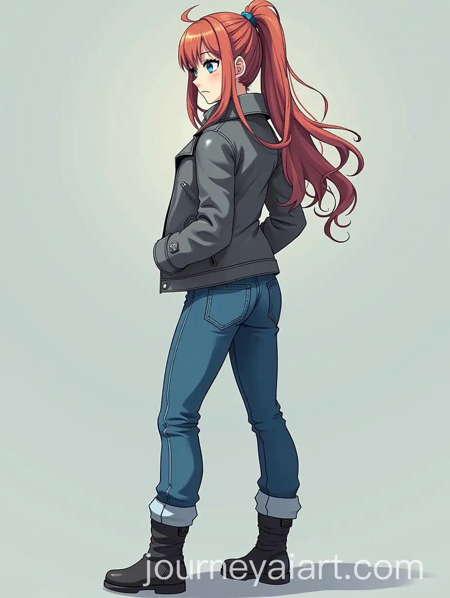 Anime-Style-Beautiful-Girl-in-Gray-Leather-Jacket-and-Blue-Straight-Jeans