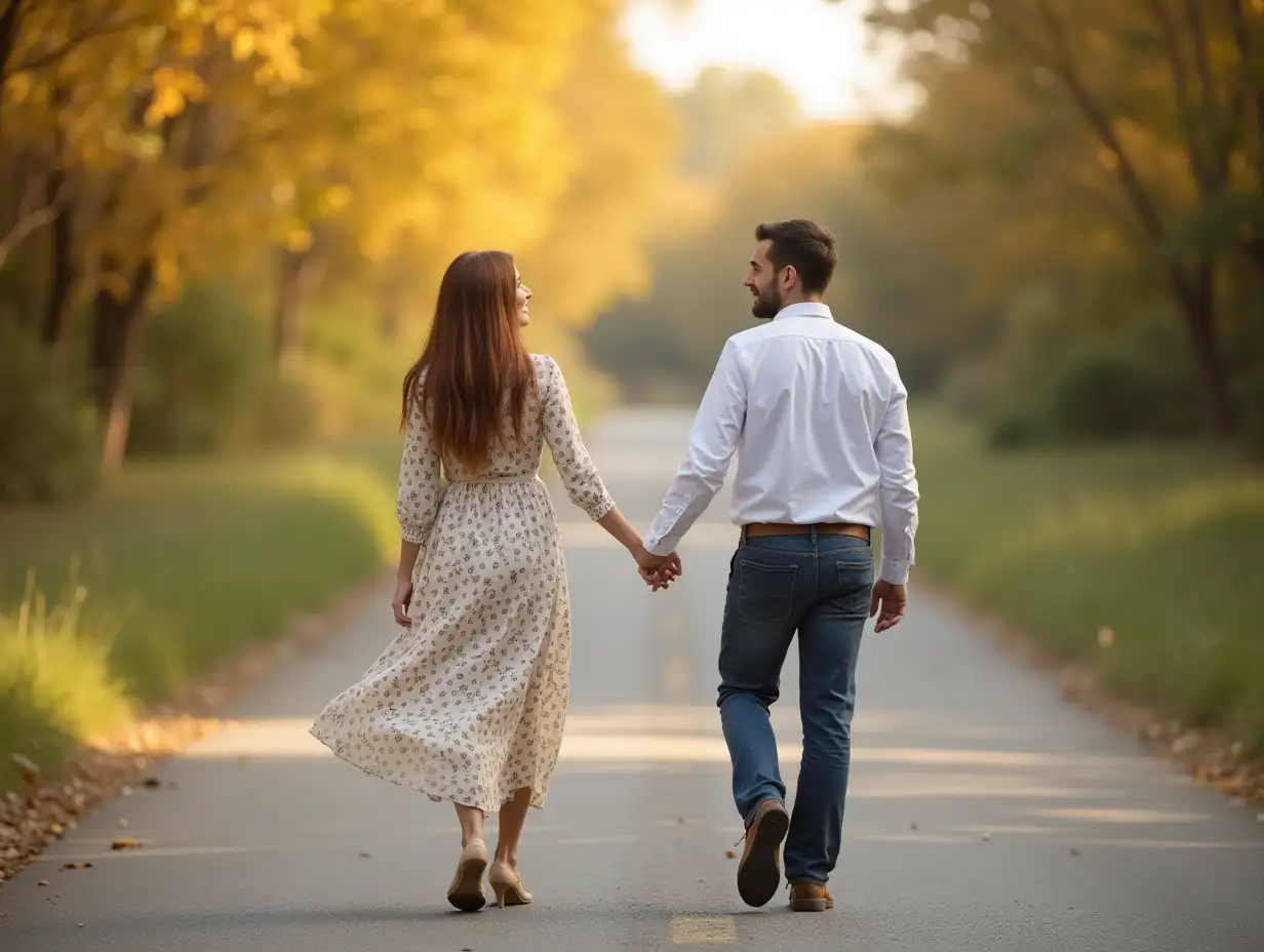 Couple, back and holding hands outdoor for love, relationship and date together with loyalty. Man, woman and commitment as romantic walking with trust, support and care in street for happiness