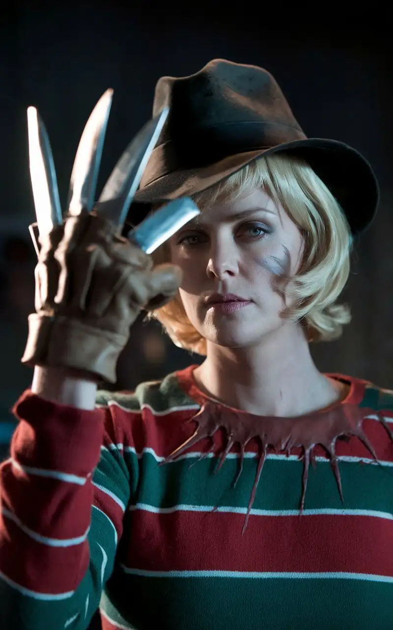  "Nightmare on Elm Street"  film style. Armed Charlize Theron as Freddy Krueger, miniskirt with waist slit, deep neckline and high heels, her eyes are cold and unyielding, an evil, daring, contemptuous grin. cinematic, photo , cinematic, 4k