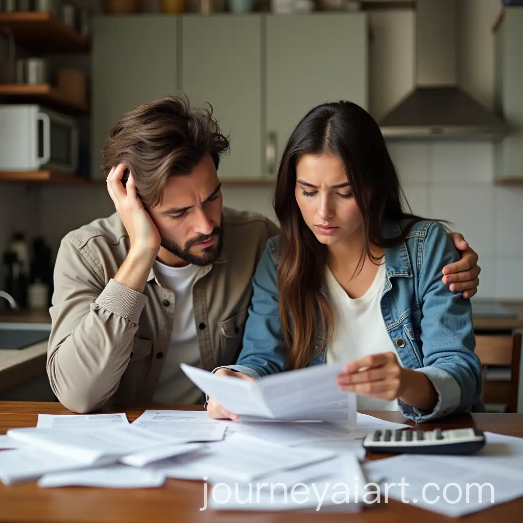 Young-Couple-Facing-Financial-Stress-at-Kitchen-Table-with-Unpaid-Bills