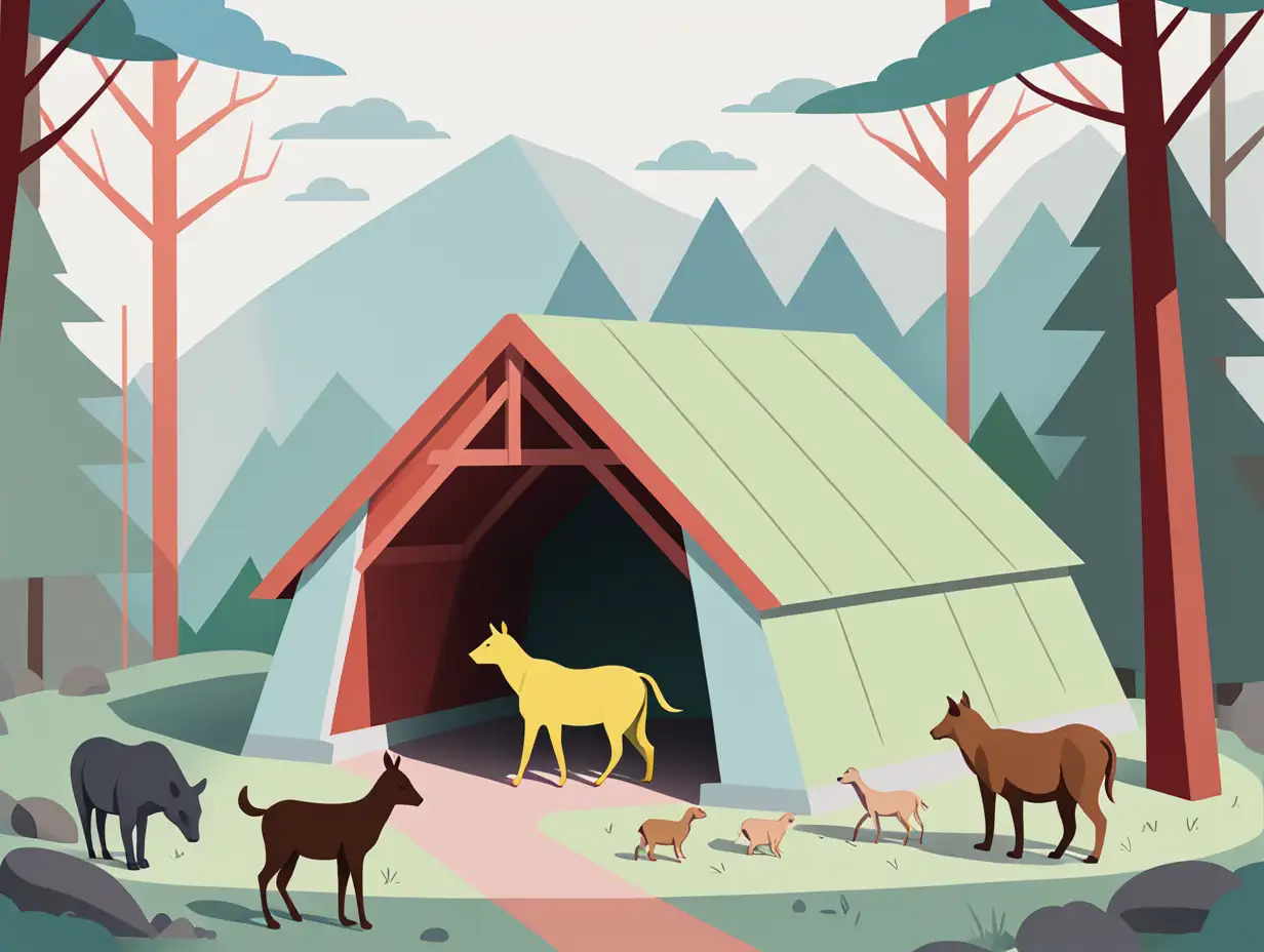 simplified and enlarged vectorial drawing of a shelter surrounded by two to four animals of 2 different species with a hike trail. Use light pastel colors like green, red, blue and yellow except for animals.