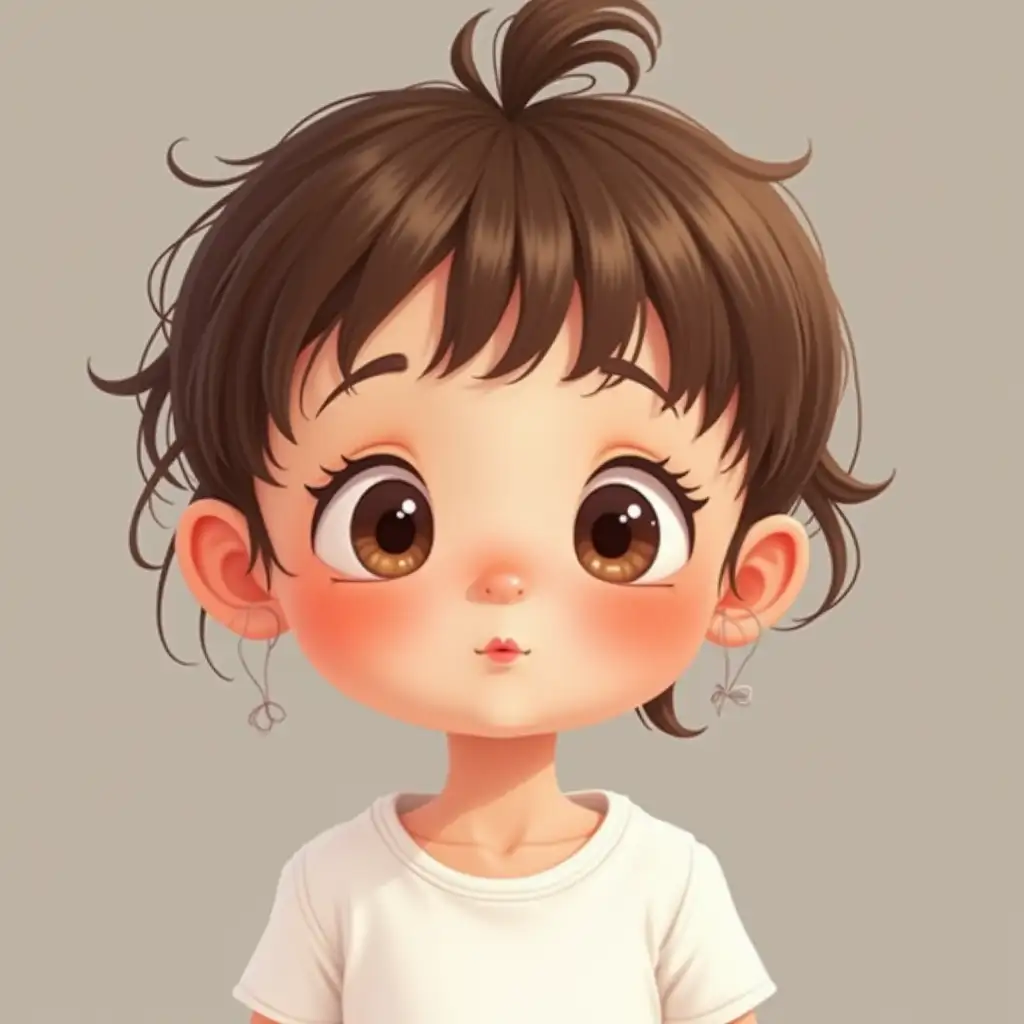 a little girl kid aged 2 years, doll-like face, half asian-eropean, white bright skin, big eyes, bronze hair, wearing white bright shirt, very sleepy face, cartoon style. variation 3