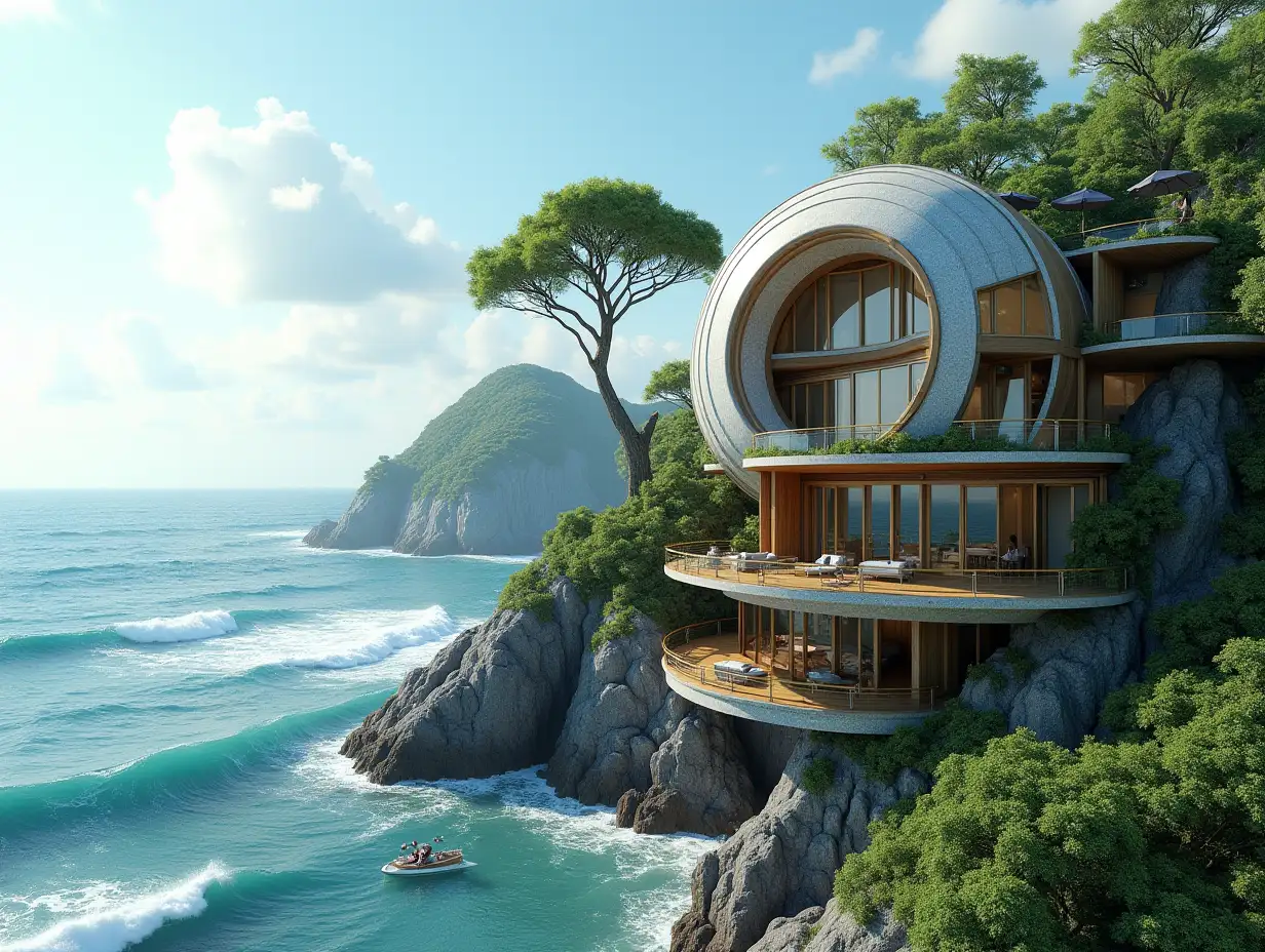 Create a high-resolution, realistic panorama image of a futuristic terrace building with window snail house with many plants and grey and brown facades with sea with very large waves, big trees, blue sky