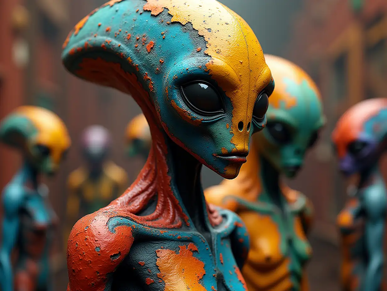 Aliens made to look like colorful cubist creations, upper body shots, super detailed, 3D