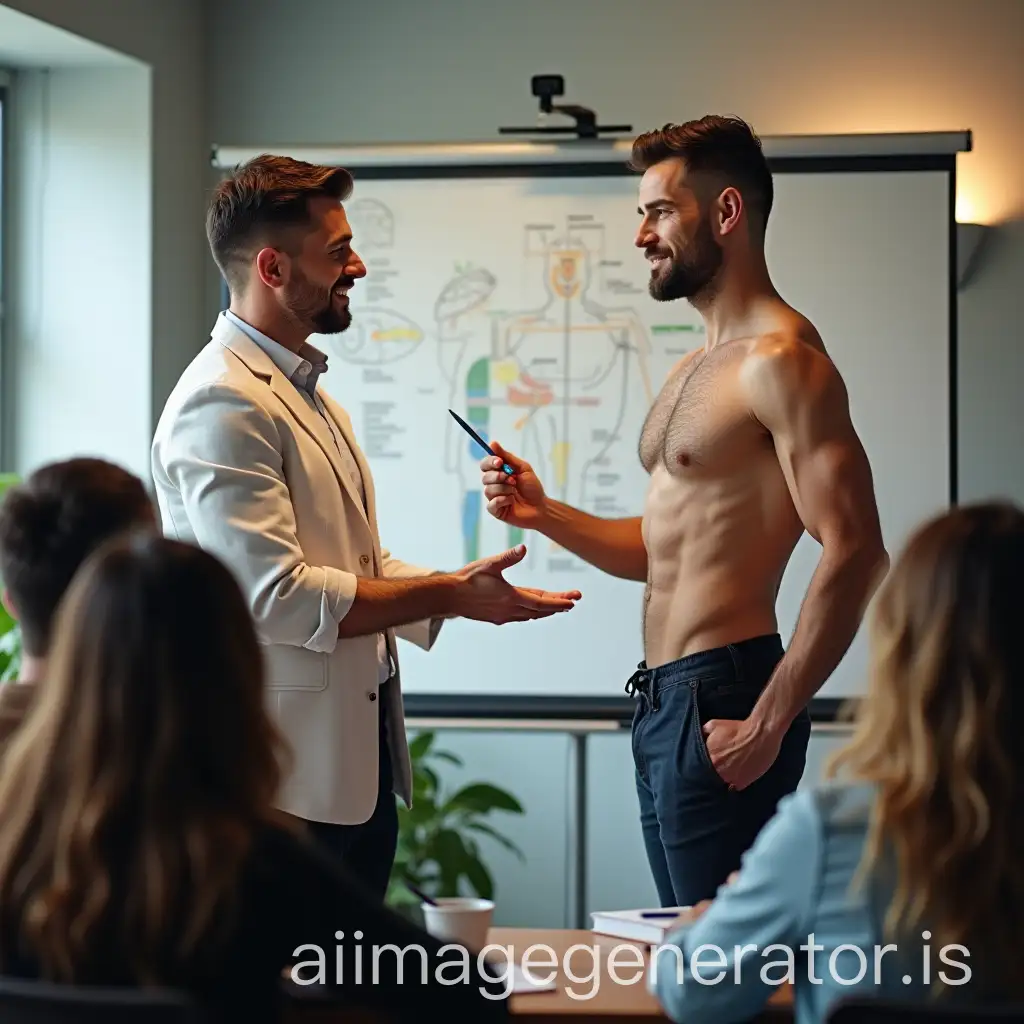 Handsome-Male-Professor-Teaching-Male-Body-Structure-with-Fit-Model-in-Classroom