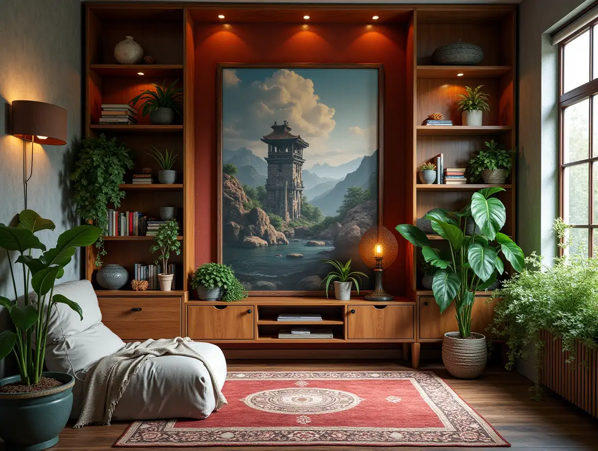 Gaming-Zimmer mit Regalen mit brunnen roten,Teppich Statue,Beleuchtung mit Möblierung sehr vielen hängepflanzen Pflanzen mit Attack on Titan Bild an der Wand Zen-Garten mit sorgfältig gepflegten Felsen, ein meditativer 180 Grad Aufnahmen 8K-Auflösung Farbenfroh