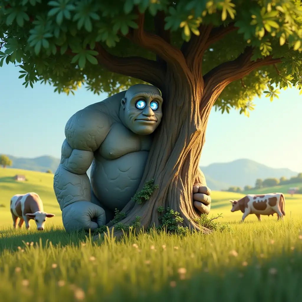 A whimsical 3D cartoon-style scene in the style of Pixar, featuring the giant stone man, camouflaged behind a large tree in the middle of a peaceful countryside. His massive, rough stone body, towering and imposing, is mostly hidden behind the tree, with only part of his face peeking out from behind the trunk. His bright blue eyes are wide with curiosity, glowing faintly, as he watches the peaceful scene before him. His expression is gentle and intrigued, a stark contrast to his usual intimidating presence. In the background, a serene field stretches out under a soft blue sky. The field is dotted with cows grazing contentedly, their peaceful, everyday activity creating a contrast to the unusual sight of the stone giant hiding behind the tree. The scene is bathed in warm, golden sunlight, and the soft, rolling hills in the distance add to the idyllic rural setting. The stone giant, with his glowing chest and rough, jagged texture, seems out of place in this tranquil environment. The tree, under which he hides, is large and leafy, its branches swaying gently in the breeze, adding a soft rustling sound to the otherwise quiet landscape. The juxtaposition of the giant’s presence in such a calm, bucolic setting brings a lighthearted and humorous tone to the scene, highlighting the contrast between the giant's size and the peaceful simplicity of the farm life around him