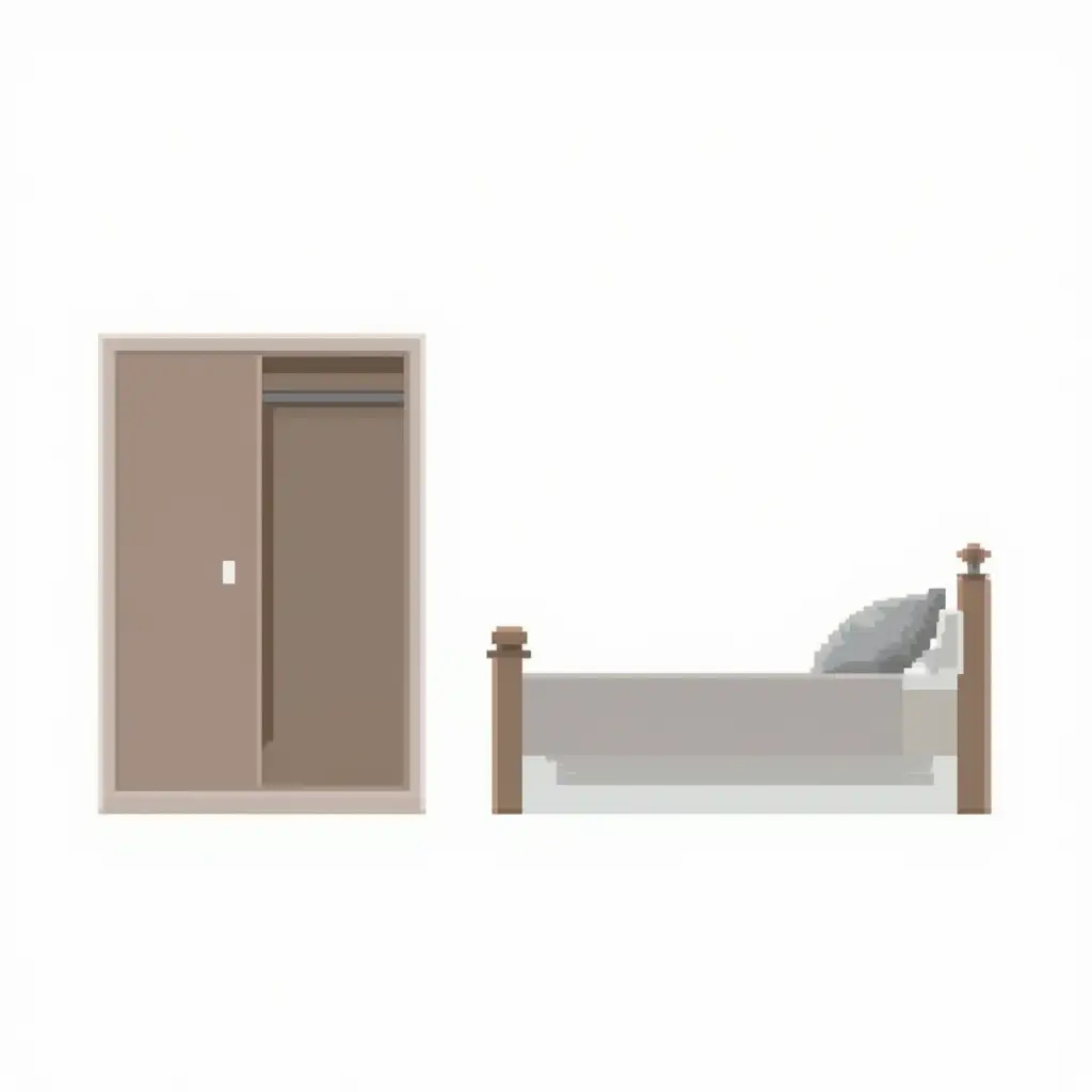 Pixel, Empty closet on the left, bed on the right, white background