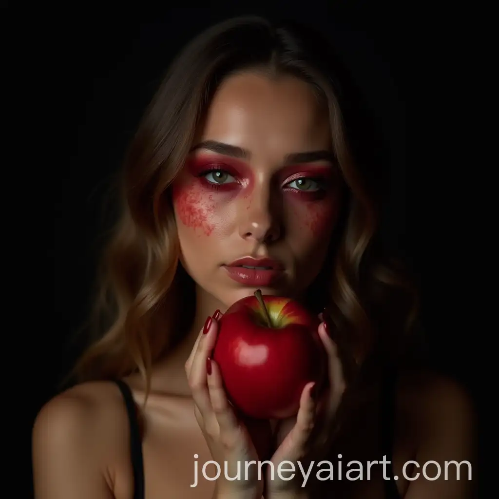 Woman-Holding-Red-Apple-with-Painted-Nails-in-Dark-Background