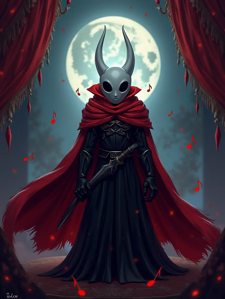 a poster for a videogame similar to Hollow Knight called  Full Warlock  with a silken tapestry in the background emitting music notes