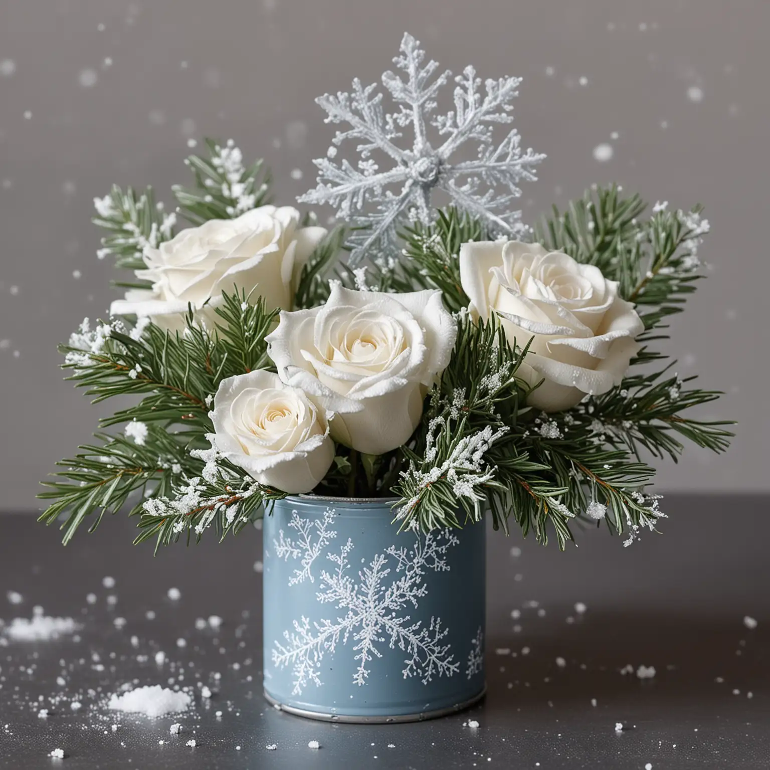 Modern-Winter-Wedding-Centerpiece-with-Icy-Blue-Tin-Can-and-Evergreen-Roses