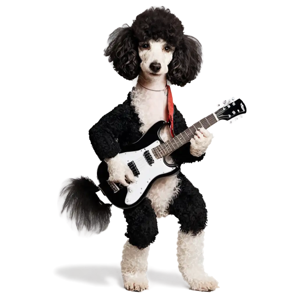 black and white poodle playing on a guitar