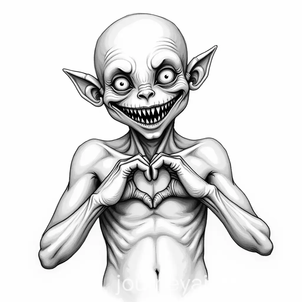 Detailed-Black-and-WhiteAI-Art-Prompt-Expansion-Line-Drawing-of-Creepy-Humanoid-Character-with-Heart-Gesture