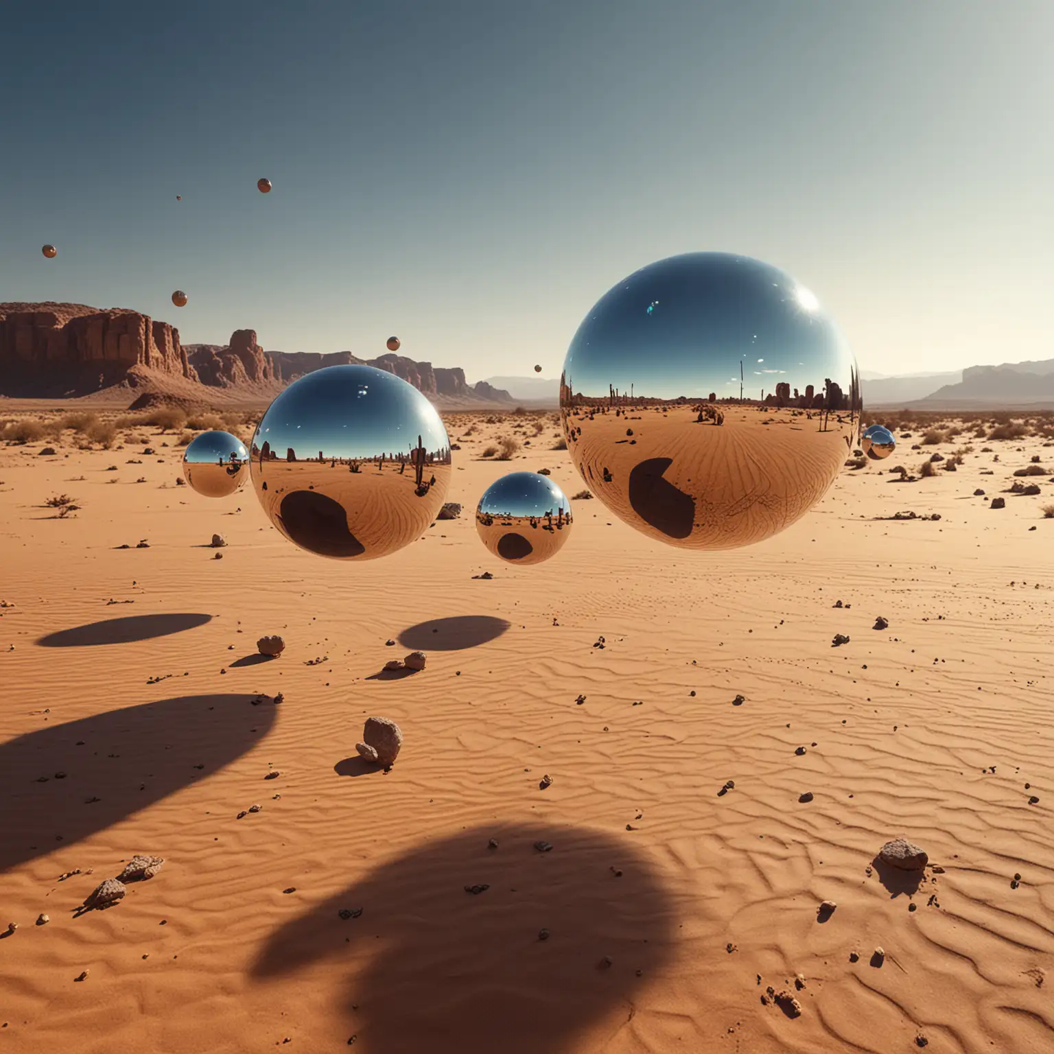 mirror-like volumetric balls of different sizes, floating in the air, around the desert