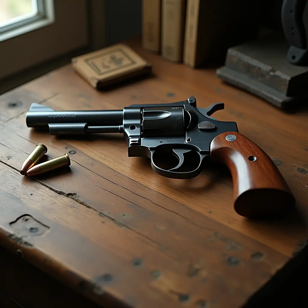 Vintage-Wooden-Desk-with-1980s-Revolver-and-Bullets