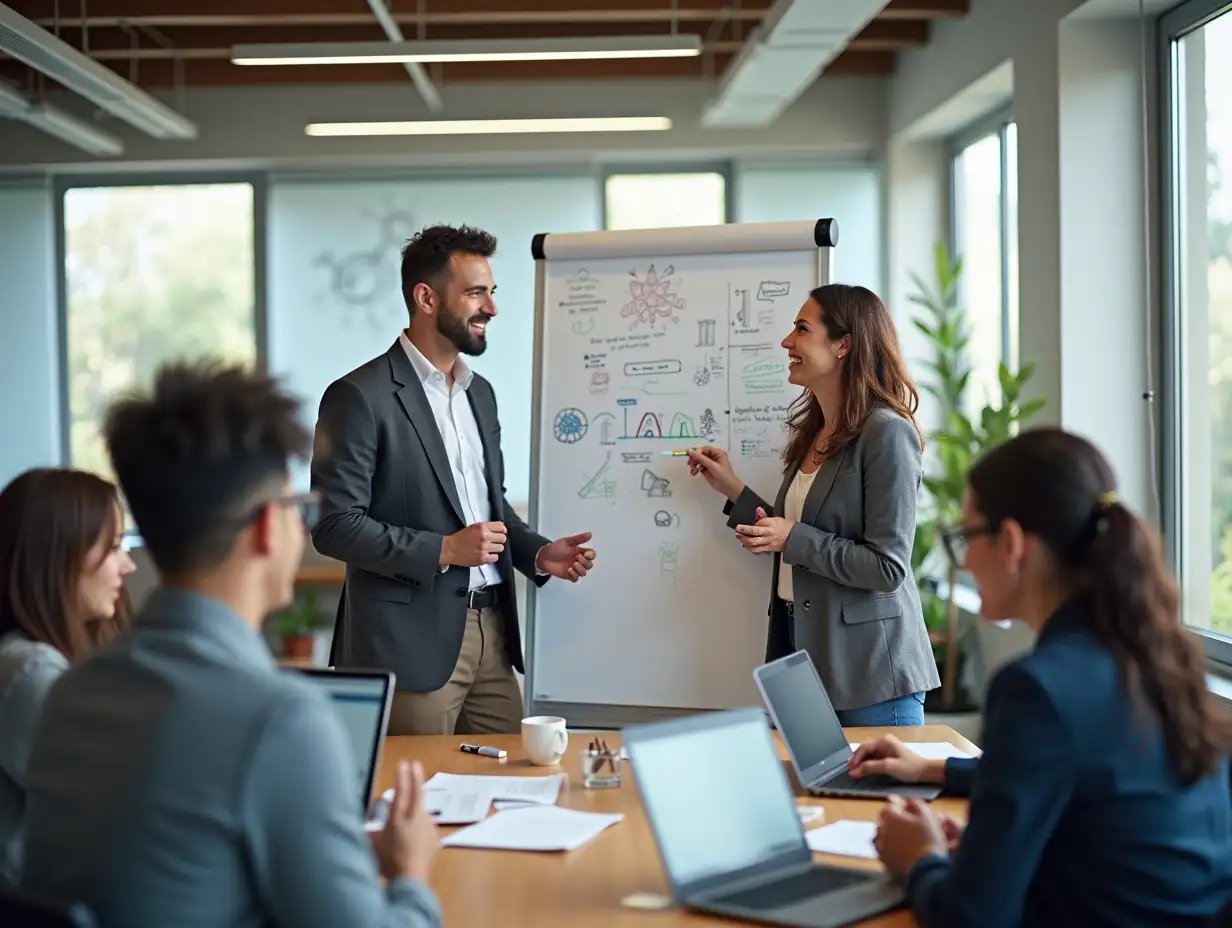 A photorealistic image of a diverse and energetic team working together in an open office space. The team is actively engaged in collaboration—one person is drawing on a whiteboard, while others are discussing ideas with laptops and notes. The team leader stands confidently, guiding the group with calm authority. Surround the scene with subtle symbols of change, like arrows or gears, representing adaptability. The overall atmosphere should feel positive, forward-thinking, and solution-oriented, symbolizing readiness for change and a flexible mindset.