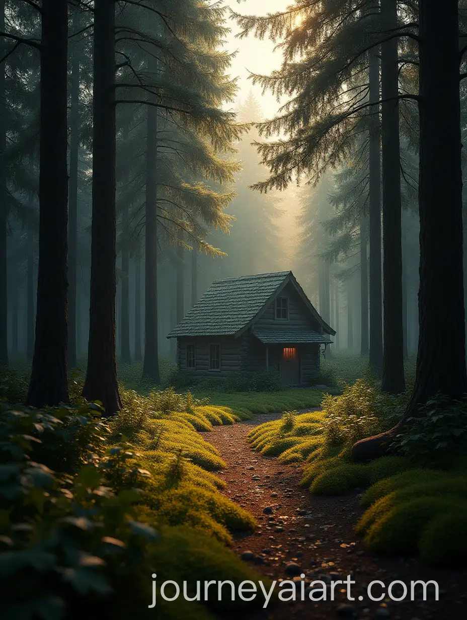 Photorealistic-Forest-Cottage-Surrounded-by-Pine-Trees-and-Moss