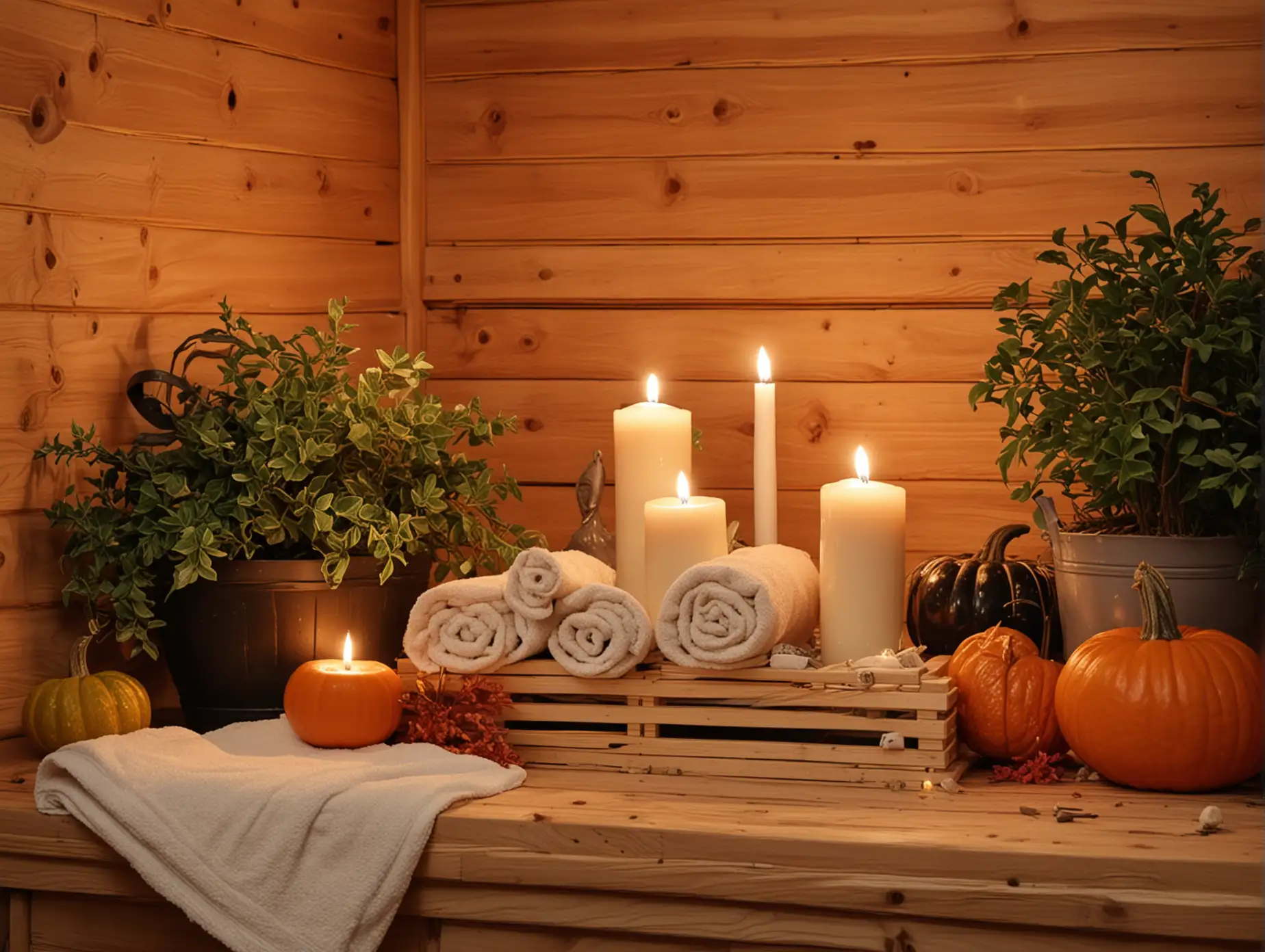 Cozy Halloween Sauna with Pumpkins and Candles