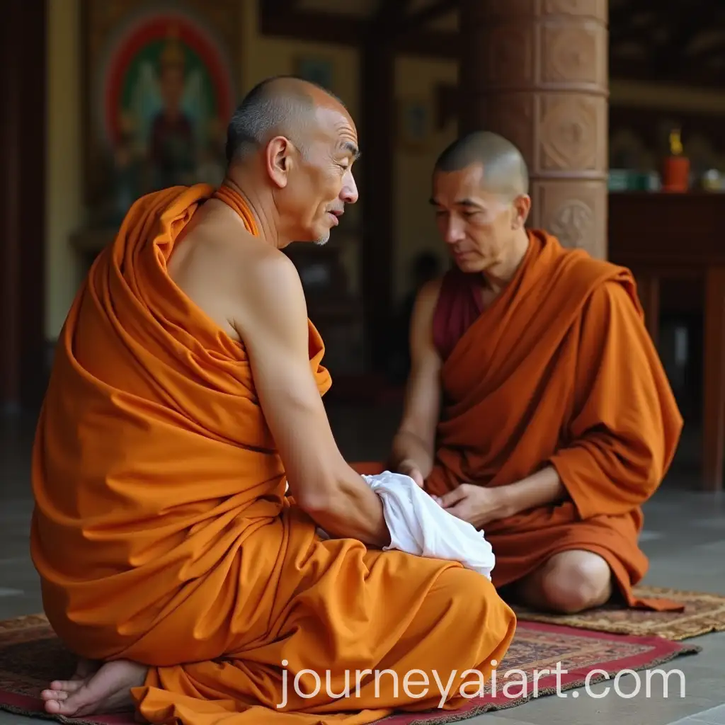 Man-in-White-Clothes-Kneeling-in-Front-of-Buddhist-Monk-Wearing-Orange-Robe