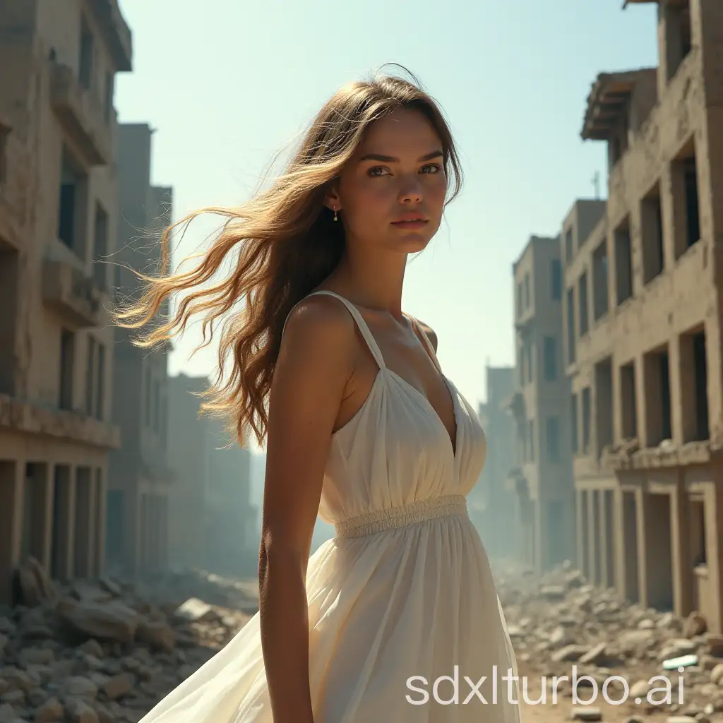 Young-Woman-in-White-Dress-Amid-War-Ruins-and-Gunfire