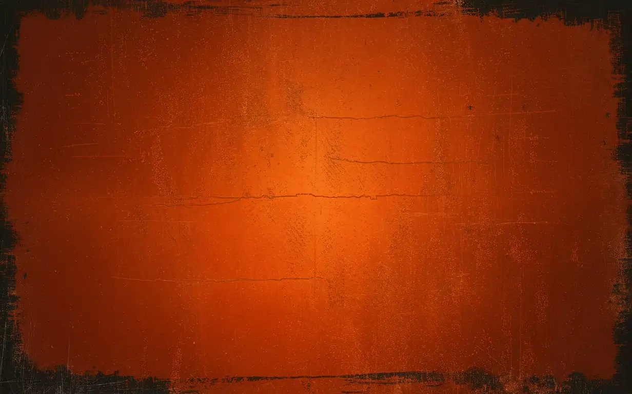 Create a dark orange grunge textured background with subtle, uneven patterns and varying shades. The image should primarily consist of deep orange tones with slight variations in the intensity to create depth. Include a faint, barely noticeable layer of black and brown tones around the edges to enhance the vintage feel. The texture should look worn, as if aged over time.