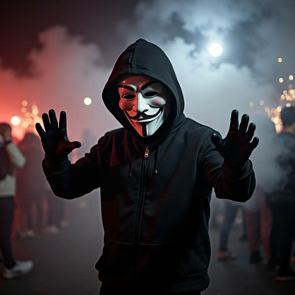 Man with hoodie and hood, wearing black gloves and making gestures with his arms. He wears a cool white Vendetta Bauta mask with recognition value, which completely covers his face. Many clouds of smoke and sparks surround him. Scenario A place at the Reeperbahn.