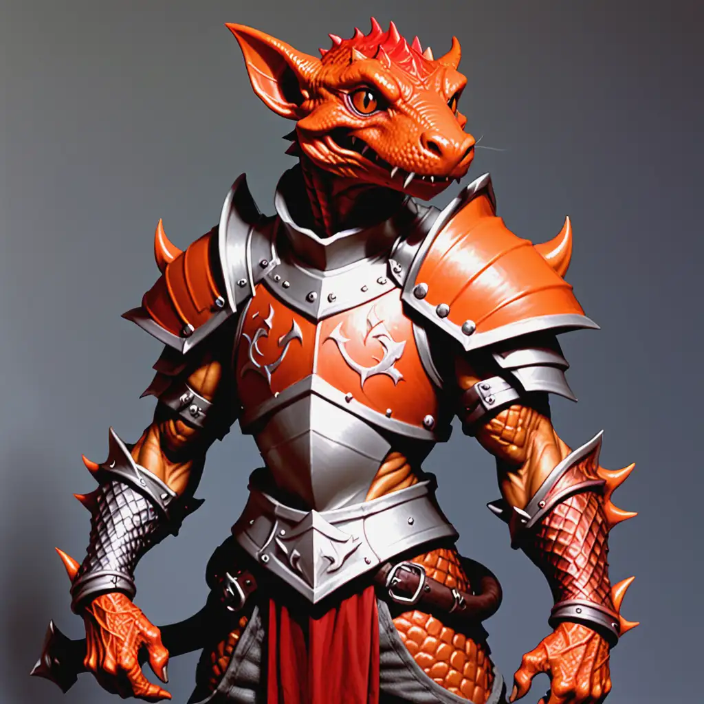 Male Kobold Fighter in RedOrange Silver Plate Armor with Tattoos