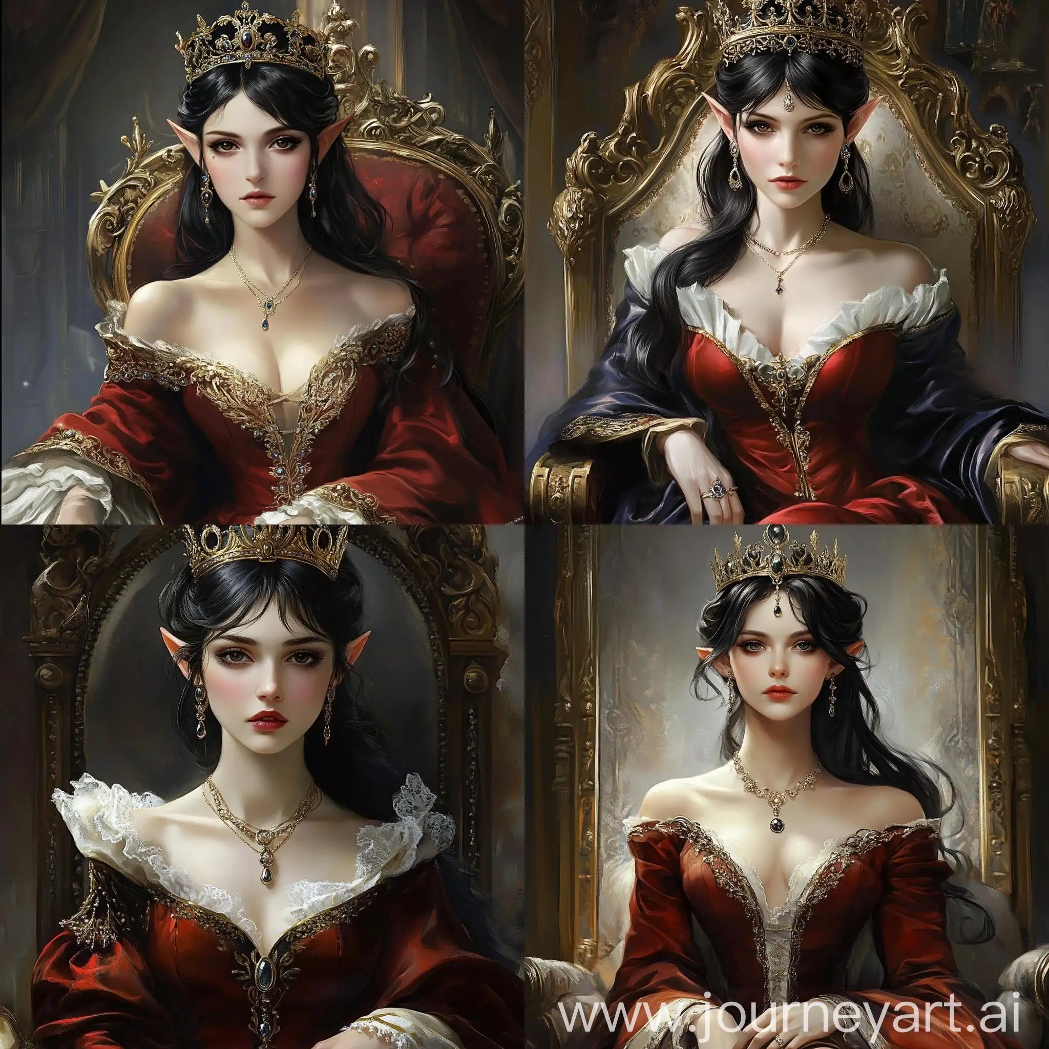 Renaissance-Elf-Empress-in-Imperial-Red-Dress-on-Throne