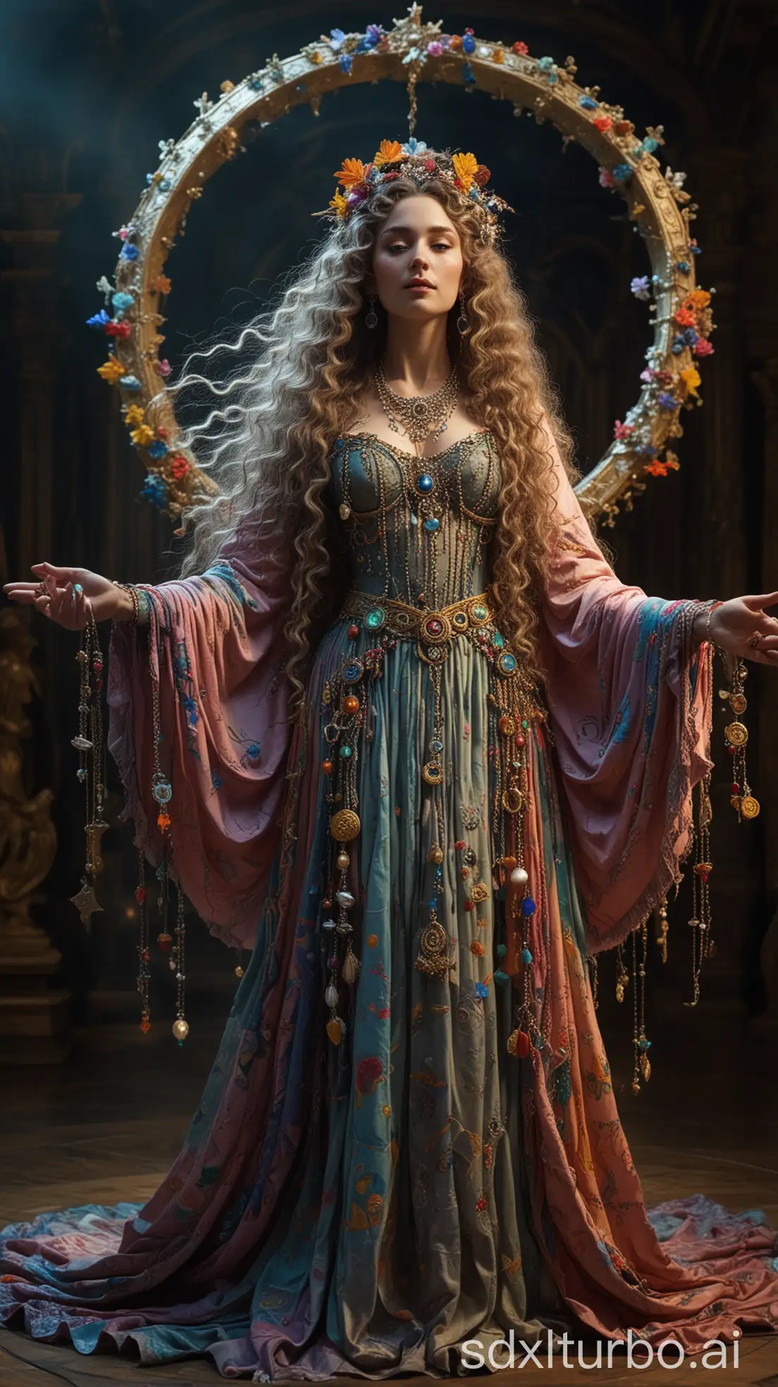 large scale view of an old female moon goddess, very long flowing curly hair, long multicolored adorned dress with colorful magical symbols, mystical necklaces with gems and talismans, magical symbols, inside a baroque theatre with eerie sculptures, enchanting nordic  atmosphere, clear lighting, aerial perspective, intricate costume details, sacred geometry, harmonious composition, idyllic scenery, otherworldly ambiance