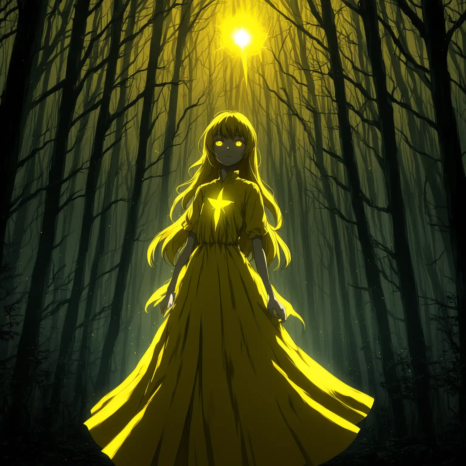 Anime-Girl-Illuminated-in-Gloomy-Forest-with-Bright-Yellow-Glow