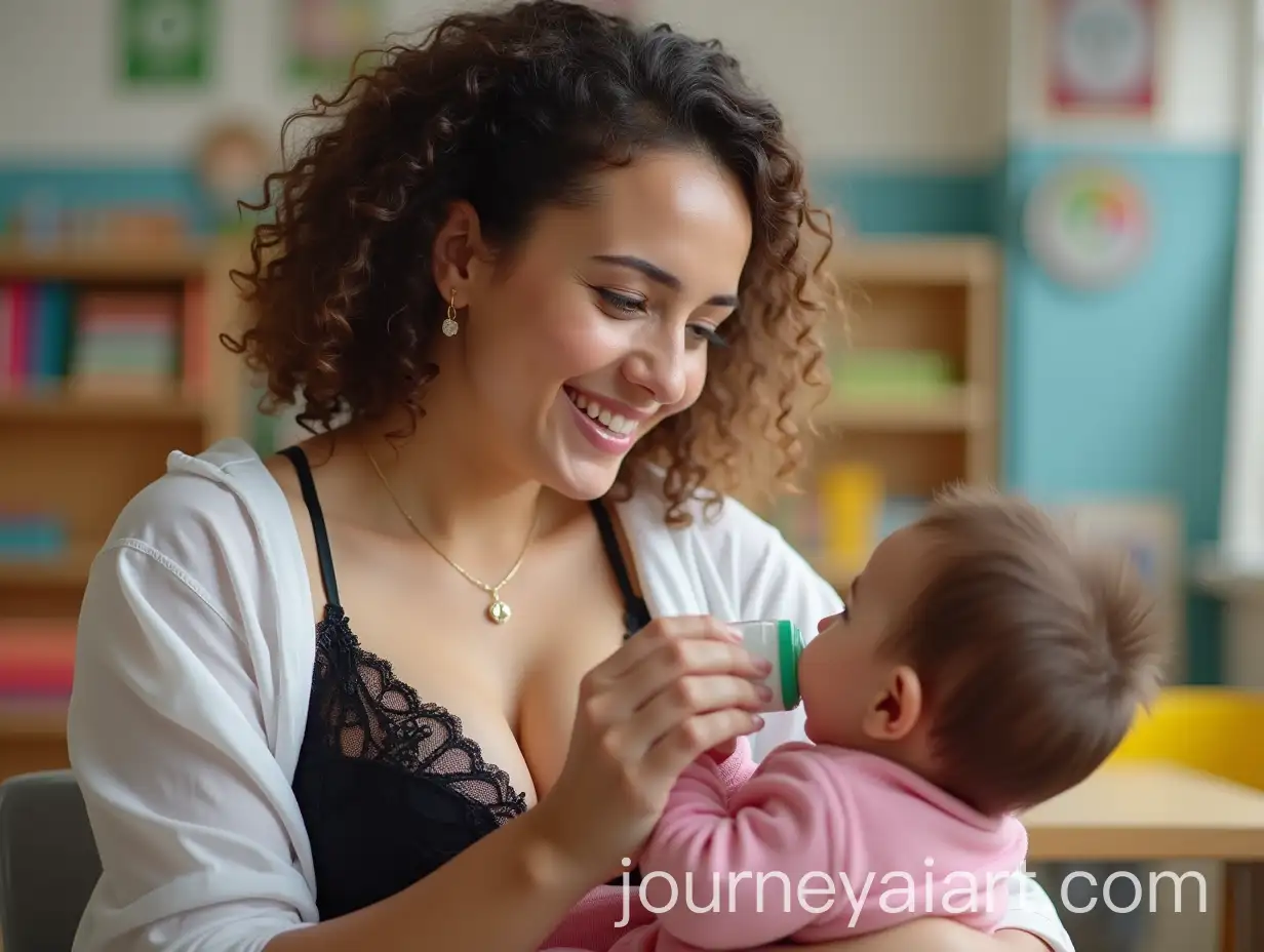 Kindergarten-Teacher-Feeding-Baby-in-Colorful-Classroom