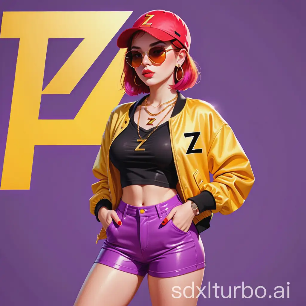 Digital cartoon illustration of a stylish young woman with white skin, red cap worn backwards, large black sunglasses, short red hair, wearing a gold necklace with a gold pendant in the shape of the letter 'Z' , pink jacket over a white t-shirt, black shorts, standing confidently on a purple and yellow background, expressive and cool streetwear look