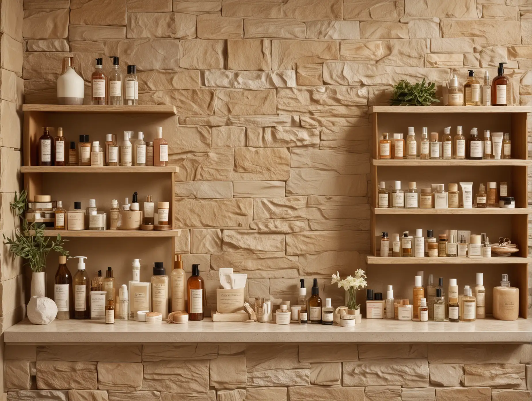 A view of the front desk lobby of a resort spa featuring shelves of neatly  placed cosmetics with labels in natural tones, embodying sustainable beauty practices. The background is a beige stone wall with shelves displaying glass bottles filled with organic body care products.  Warmth and ambiance. Soft lighting highlights textures and colors, creating a serene atmosphere for self-care moments.